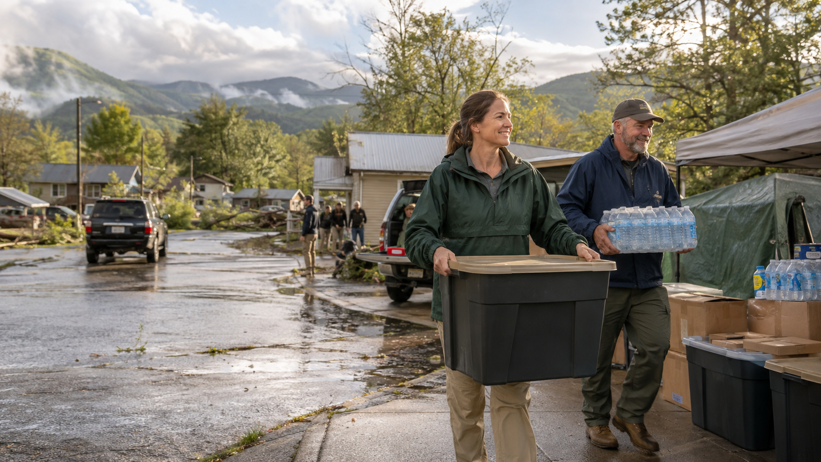 Community volunteers carrying relief supplies through an Appalachian neighborhood after a storm