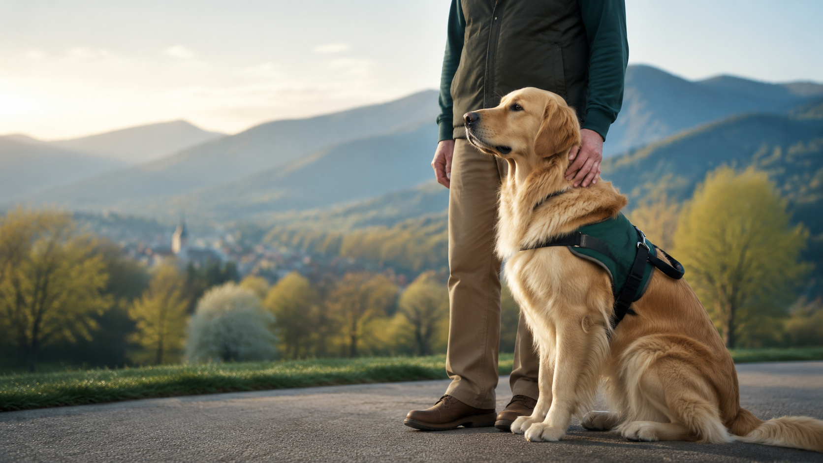 A trained service dog seated attentively beside its handler in a mountain community