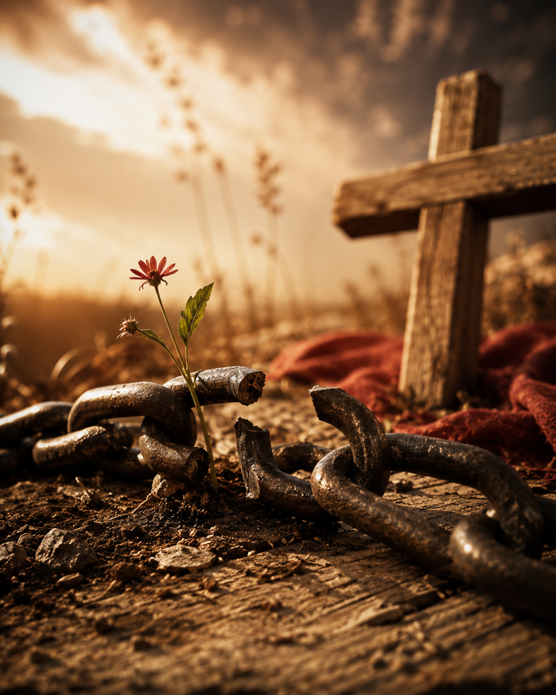 Broken chains with new life growing near the cross, symbolizing restoration in Christ
